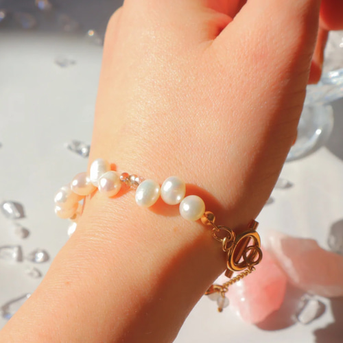 淡水パール×ムーンストーンマンテルブレスレット 6月 蟹座 天然石 真珠