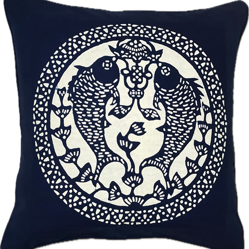 藍染＊中国の唐更紗『藍印花布クッションカバー』図柄・双魚