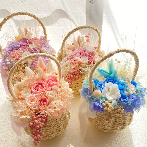 希少なチューリップのプリザーブドフラワーくすみピンク系パステルかご