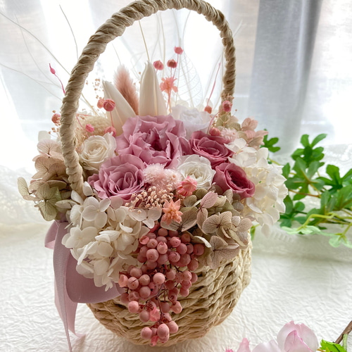 希少なチューリップのプリザーブドフラワーくすみピンク系パステルかご