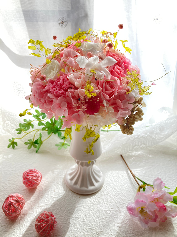 プリザーブドフラワーピンク系アレンジ おしゃれな花器 母の日 