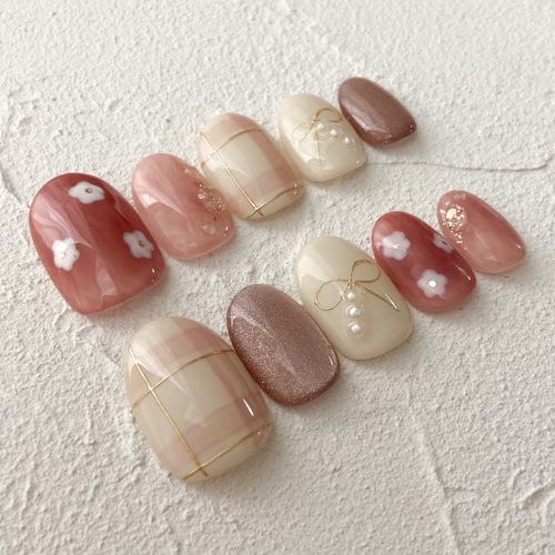 受注製作＞No.015 ワイヤーリボン風ネイル ネイルチップ フラワー  