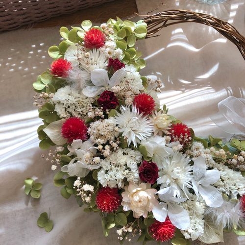 Natural＊赤い千日紅とホワイトリース＊ドライフラワーリース Natural