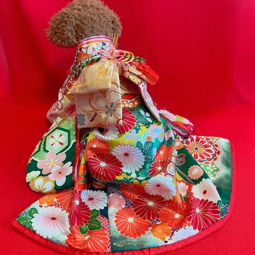 犬の着物✨本格大振袖 M 金彩入り正絹 グリーン系 犬服 ペット服