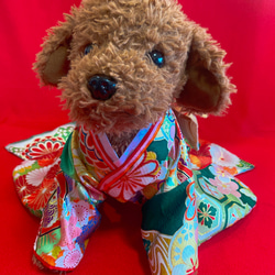 犬の着物✨本格大振袖 M 金彩入り正絹 グリーン系 犬服 8枚目の画像