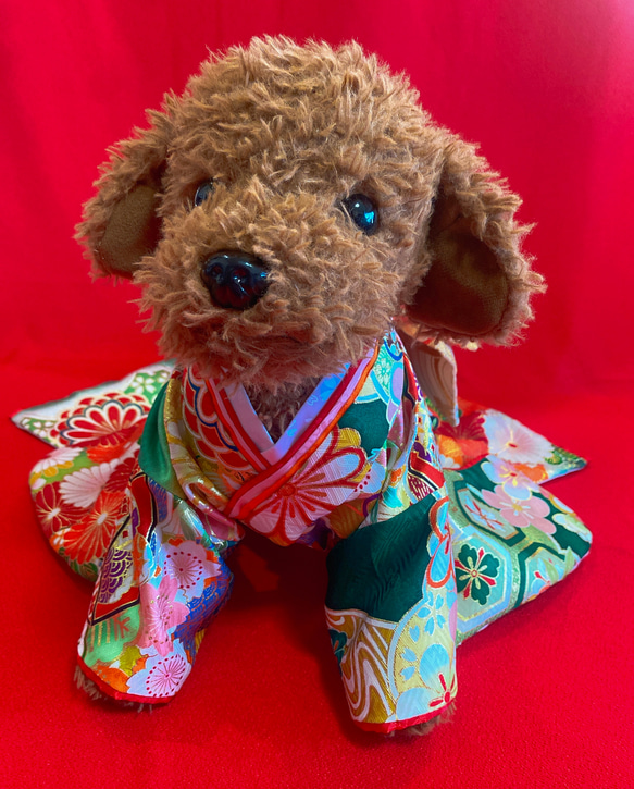 犬の着物✨本格大振袖 M 金彩入り正絹 グリーン系 犬服 8枚目の画像