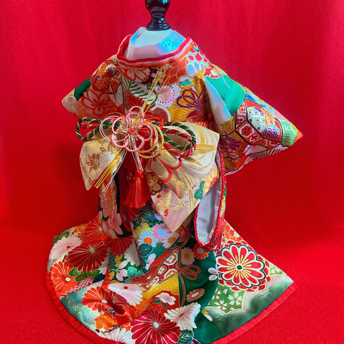 犬の着物✨本格大振袖 M 金彩入り正絹 グリーン系 犬服 ペット服