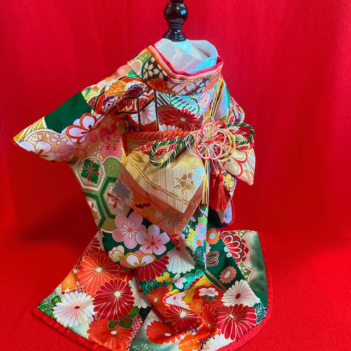 犬の着物✨本格大振袖 M 金彩入り正絹 グリーン系 犬服 ペット服