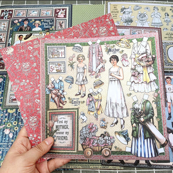 ビンテージ風デザインのコラージュペーパー・着せ替え人形・10枚