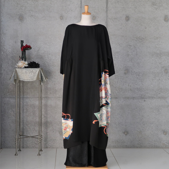 黒留チュニックワンピース   フリーサイズ  　着物リメイク　kimono 6枚目の画像