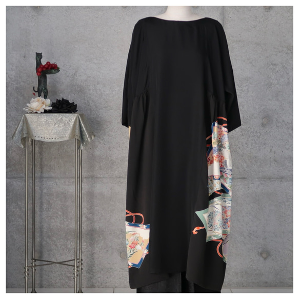 黒留チュニックワンピース   フリーサイズ  　着物リメイク　kimono 2枚目の画像