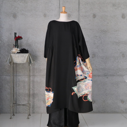 黒留チュニックワンピース フリーサイズ 着物リメイク kimono 