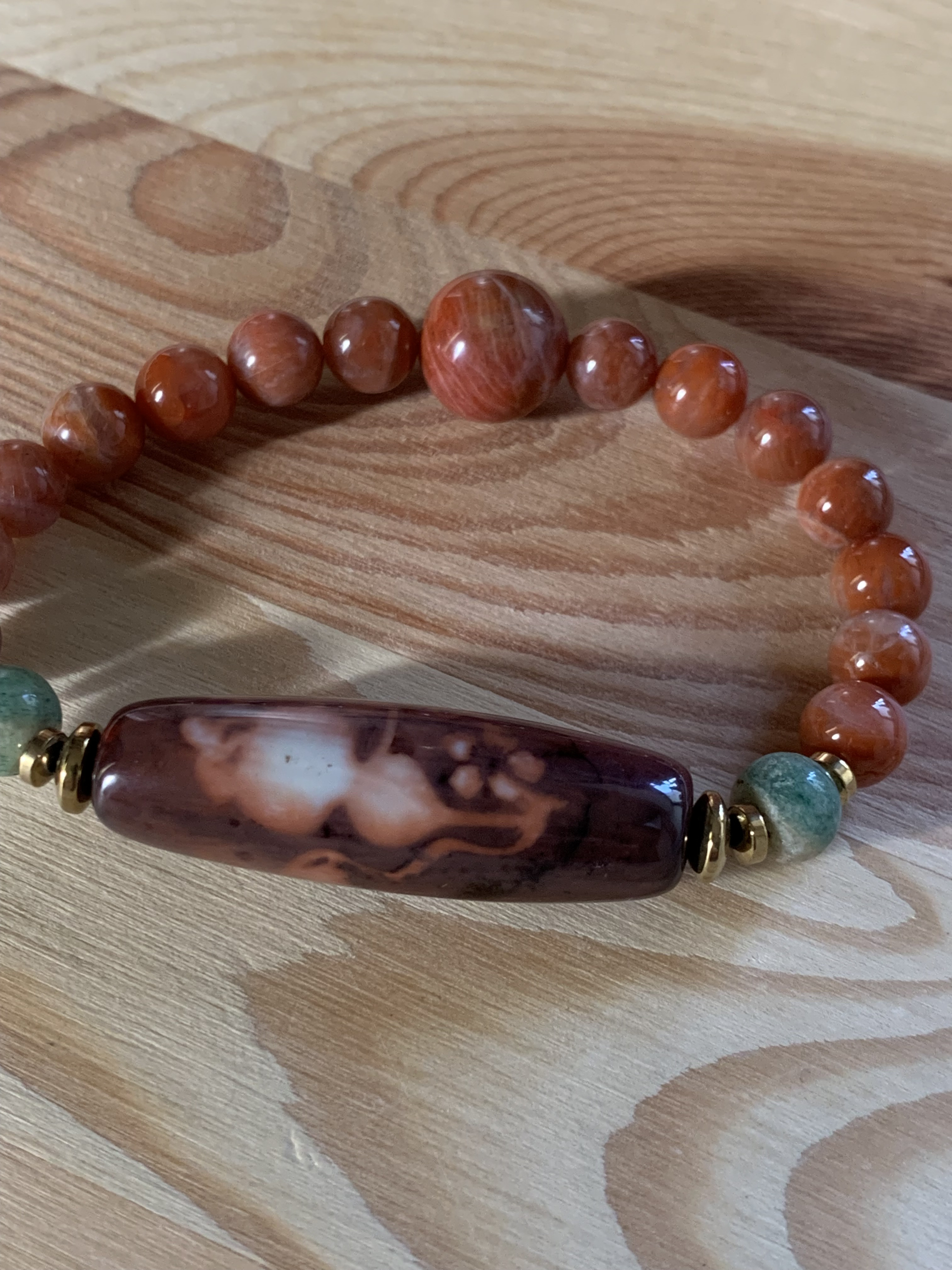 摩訶不思議：吉祥瓢箪柄赤天珠とビンテージアベンチュリン、水晶朱紅瑪瑙のブレスレット