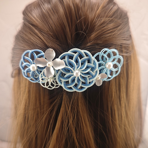 水引バレッタ シルバーフラワー☆ブルー バレッタ cara & mist 通販