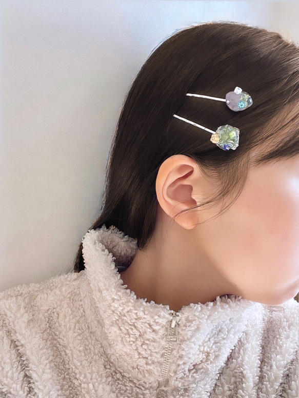 Pebble pins "Spring" (A)  ヘアピン お花 ミルフィオリ 小石モチーフ 春 母の日 誕生日 6枚目の画像