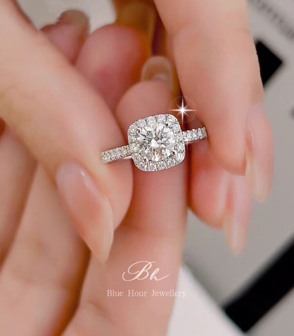 モアッサナイト Dカラー スクエア ヘイローリング 0.5ct/1ct/2ct