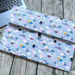 英国製、かわいいピンクとブルーの海波猫ラップトップバッグ、Switch iPad MacBook 保護ケース収納バッグ 1枚目の画像
