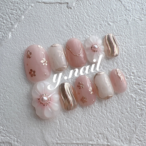 ネイルチップ/ぷっくりフラワーネイル/春ネイル/成人式ネイル