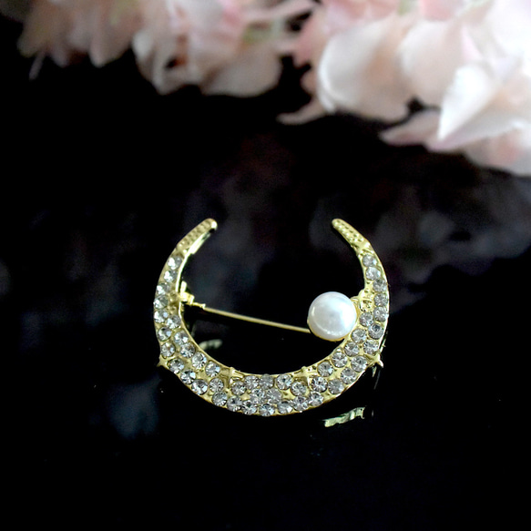 一粒パールとジルコニアの三日月ブローチ 入園入学 卒園卒業 母の日