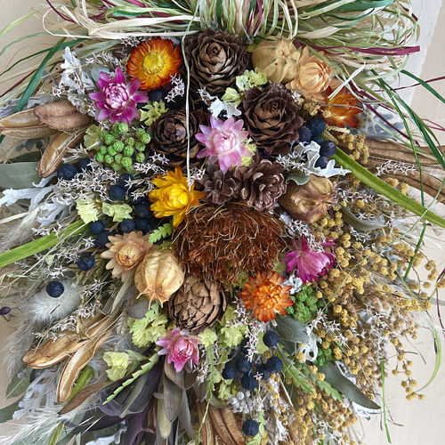 専用＊ネイティブフラワー3種とミモザのドライフラワーリース ミモザとフランネルフラワーのリース(25cm) | エンジェル