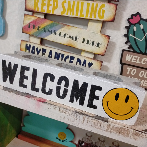 長ブロック　インテリア　お庭に　にこちゃん　ピーコックブルー　WELCOME 長ブロック インテリア お庭に にこちゃん ピーコックブルー WELCOME