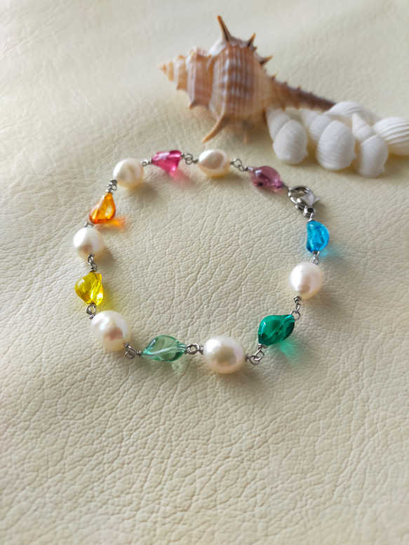 再販♪レインボー&パールブレスレット♪ステンレス♪7色 1枚目の画像