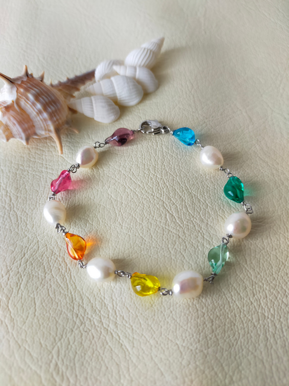 再販♪レインボー&パールブレスレット♪ステンレス♪7色 5枚目の画像