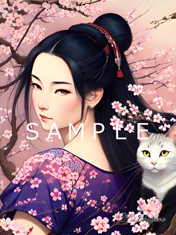 猫と女性と桜(オリジナルイラスト)A4額付き　№s-4184 1枚目の画像