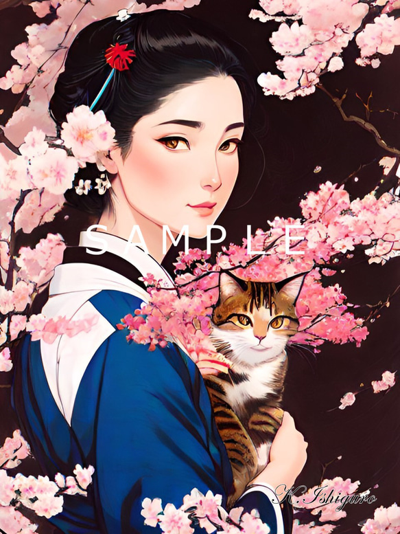 猫と女性と桜(オリジナルイラスト)A4額付き　№s-4333 1枚目の画像