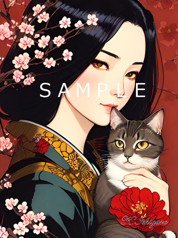 猫と女性と桜(オリジナルイラスト)A4額付き　№s-4449 1枚目の画像