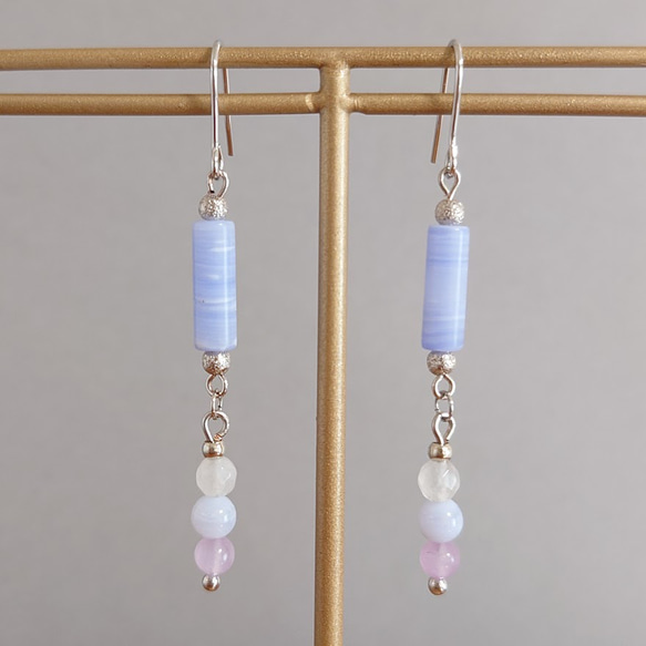 ブルーレースアゲートのIラインピアス◇送料無料◇イヤリング変更可