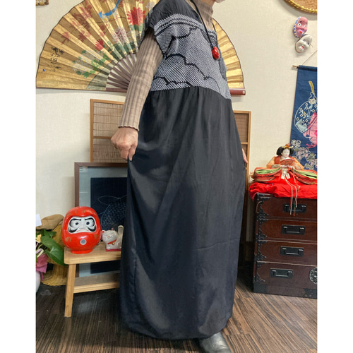 兵児帯(黒色)のワンピース 着物リメイク ワンピース 着物