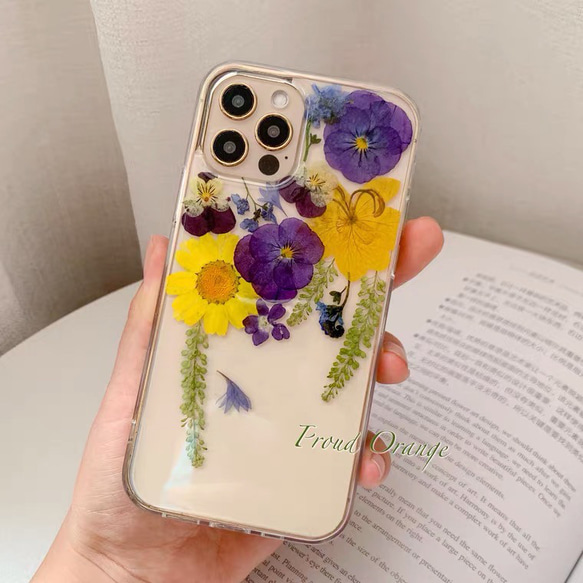 本物のお花 パンジー ドライフラワー 押し花 レトロ シンプル スマホケース 紫 2枚目の画像