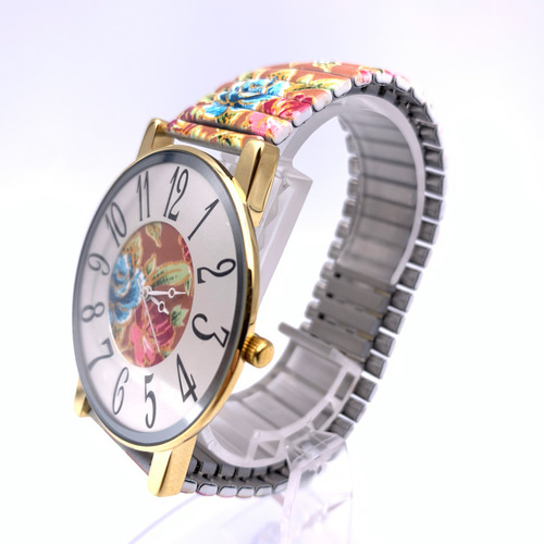 復活！1点のみ花柄の大きくて見やすいジャバラ時計（ブラウン） 腕時計  