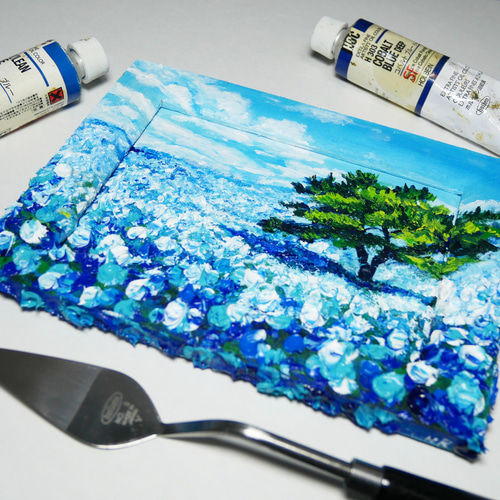 油絵 油彩 油彩画 絵 絵画 ミニ色紙【ネモフィラの丘】 絵画