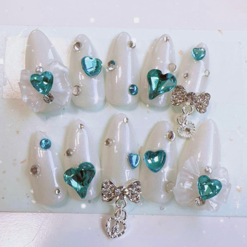 現品】量産型 ゆめかわ 韓国 ワンホン 推し リボン 水色 ネイルチップ  