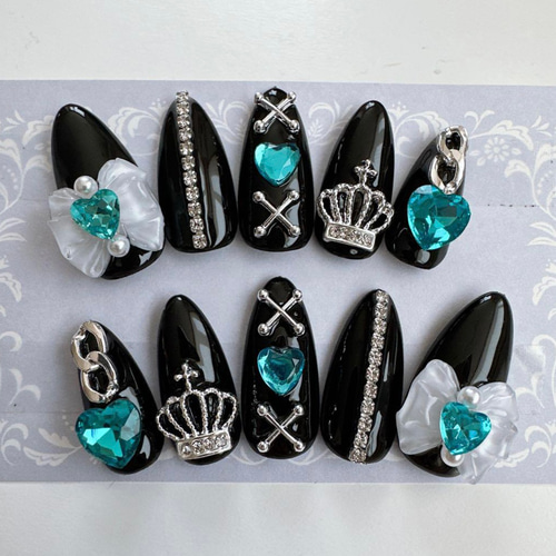 現品】地雷系 量産型 病み メンヘラ 推し リボン 水色 ネイルチップ