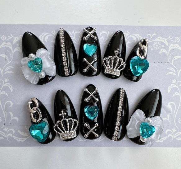 現品】地雷系 量産型 病み メンヘラ 推し リボン 水色 ネイルチップ  