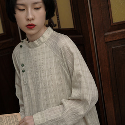 青綠格紋 新中式國風立領暗紋肌理洋裝 改良旗袍連衣裙 第10張的照片