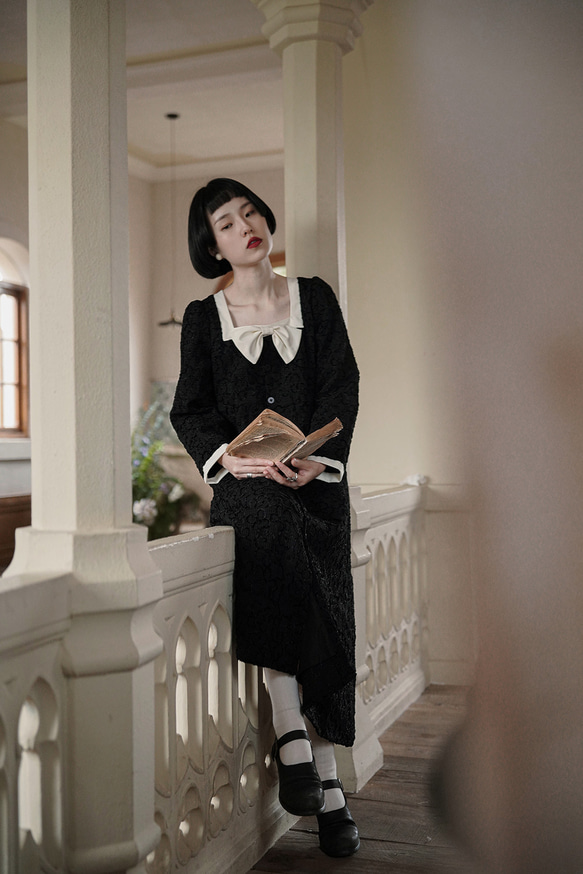 ブラックフレンチレトロガーリースクエアネックリボンドレス小さな香りのドレスルーズリトルブラックスカート 9枚目の画像