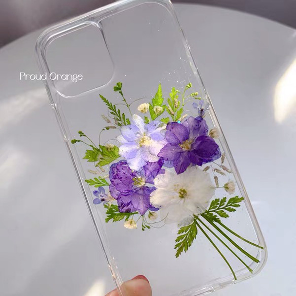 本物のお花 紫 ブーケ ドライフラワー 押し花 レトロ キラキラ スマホケース パープル 4枚目の画像