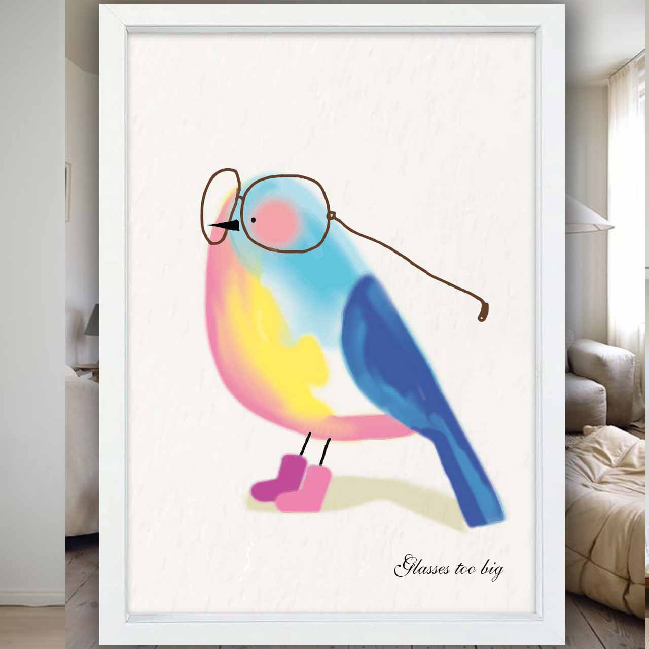 大きすぎるメガネ　鳥　イラスト　ポスター　A4 A3 A2 A1　アート  　アートポスター　sei検索　2468