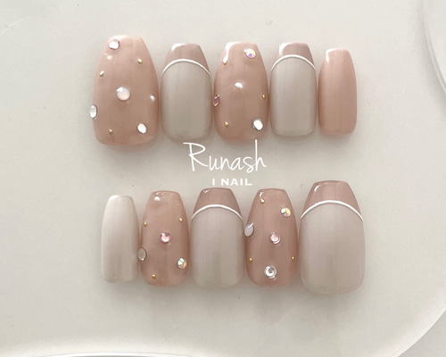 ピンクビジュー ×フレンチネイルチップ ピンクビジュー♡フレンチ ネイルチップ ネイルチップ（つけ爪