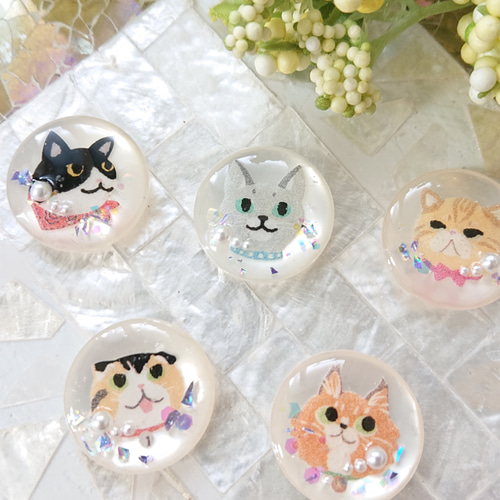 猫の顔カボション☆5個 r28 ネコ/ボタン/カボション/動物 ボタン こう