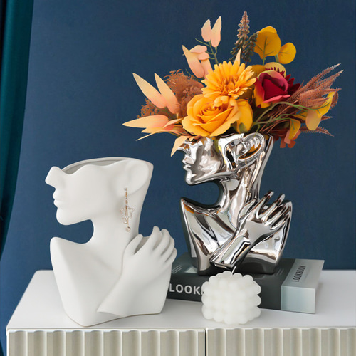 フェイスフラワーベース オシャレ 花瓶 北欧 シルバー ワイト