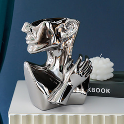 フェイスフラワーベース オシャレ 花瓶 北欧 シルバー ワイトモダン セラミック 陶磁器製品 インテリア ch-74 1枚目の画像