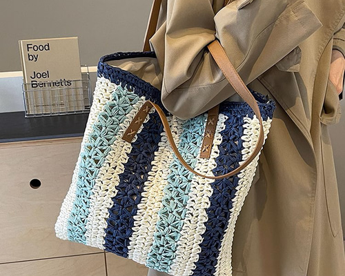 トートバッグ しま模様 カゴバッグ ハンドメイド 草 編みバッグ 軽い