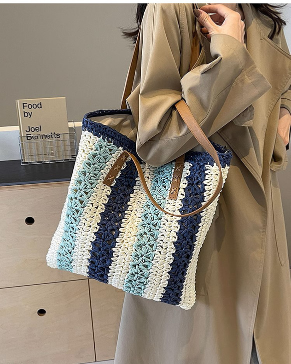 トートバッグ しま模様 カゴバッグ ハンドメイド 草 編みバッグ 軽い