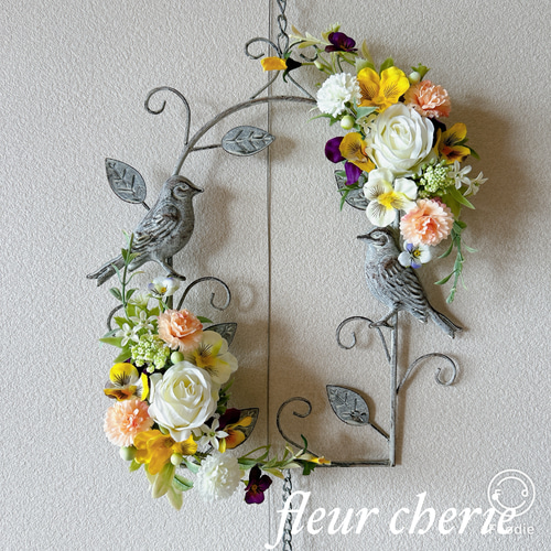 アートフラワー壁掛けアイアン鳥かごアレンジバードゲイジリース