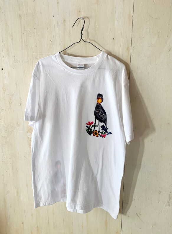 【日本国内送料無料】ハシビロコウさんのメンズTシャツLサイズ/ホワイト 1枚目の画像
